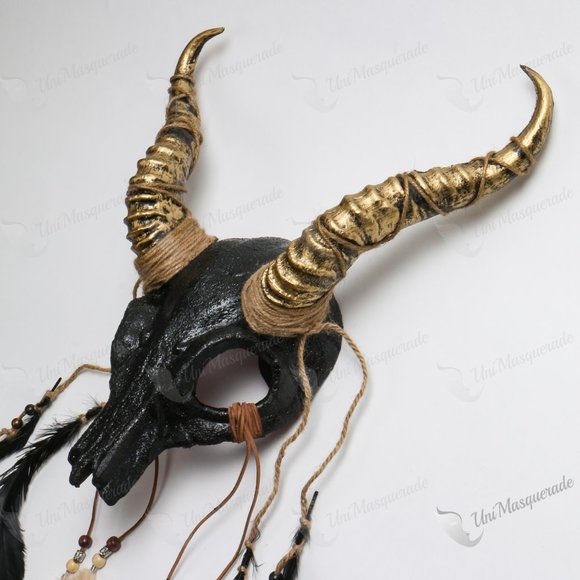 Black Devil Wide Antelope Gold Horn Masquerade Mask Halloween Costume Party Mask - Picture 2 of 6